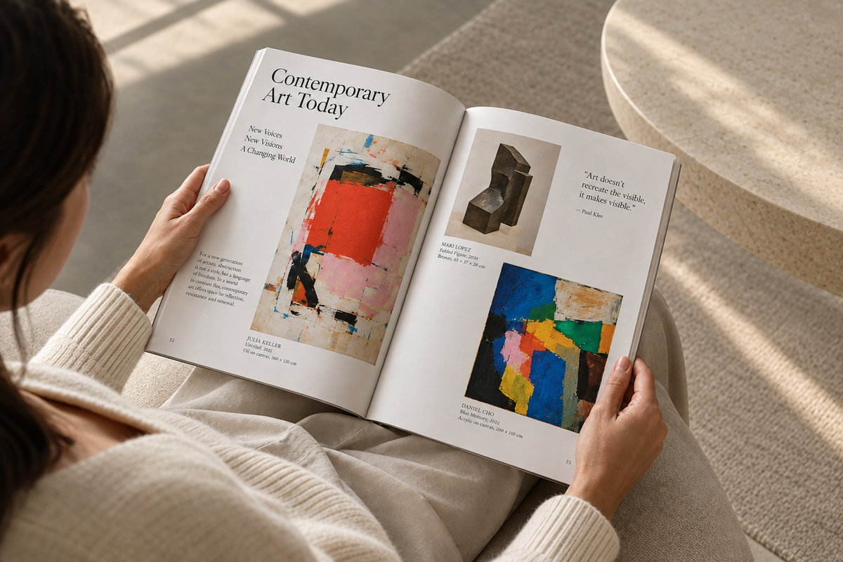 Frau schaut in Kunstmagazin rein