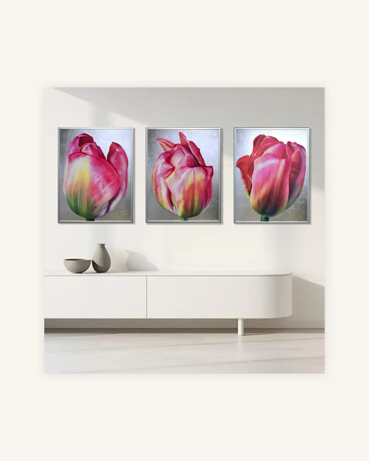 Tulpen Triptychon im Nielsen Alurahmen Silber 1